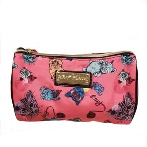 Betsey Johnson pink cat print cosmetic bag